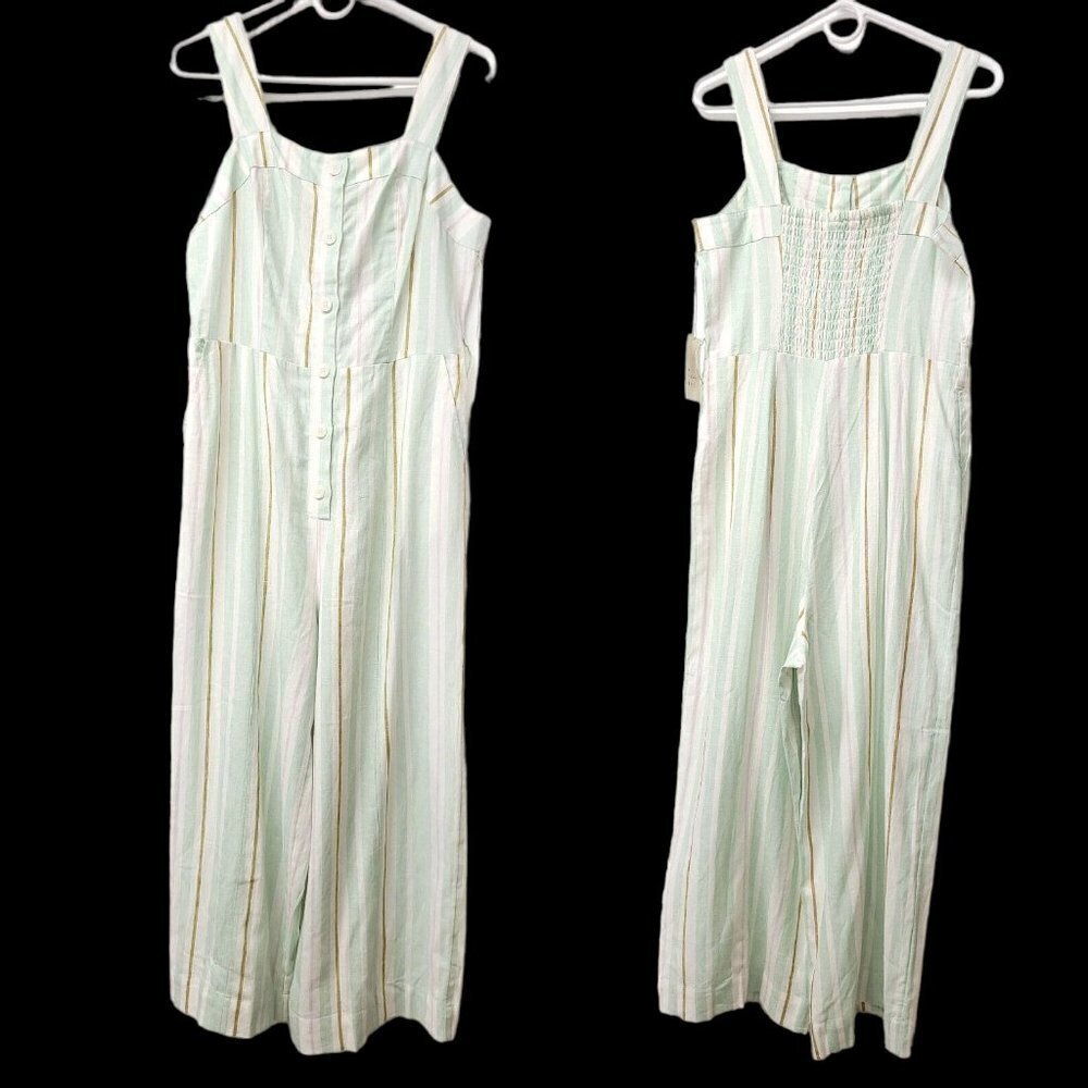 NWT a new day Womens Square Neck Wide Leg Jumpsuit Smocked linen blend Stripes